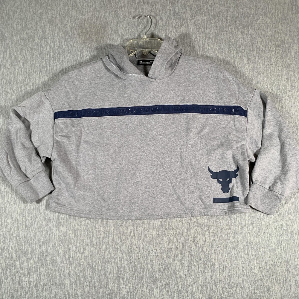 Under Armour Project Rock Hoodie Womens Medium Gray Cropped Bull Logo Sweatshirt